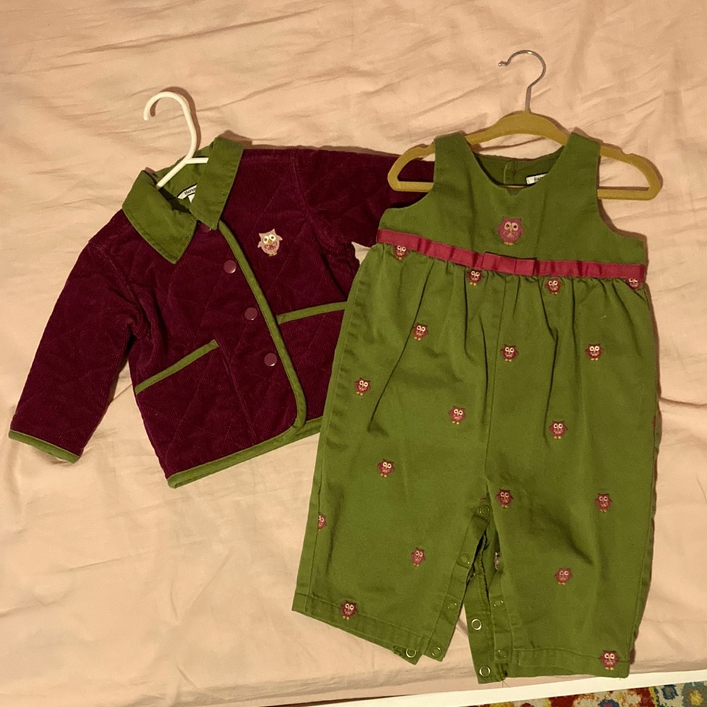 Heartstrings 12-month girl green & purple owl button pants jumpsuit and jacket